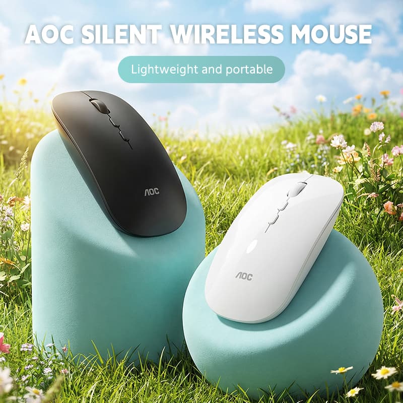 Mouse Sem Fio Silencioso AOC Modo Duplo 2.4G + Bluetooth 400mAh Recarregável Tipo-C Mouse Fino Leve e Silencioso Para PC