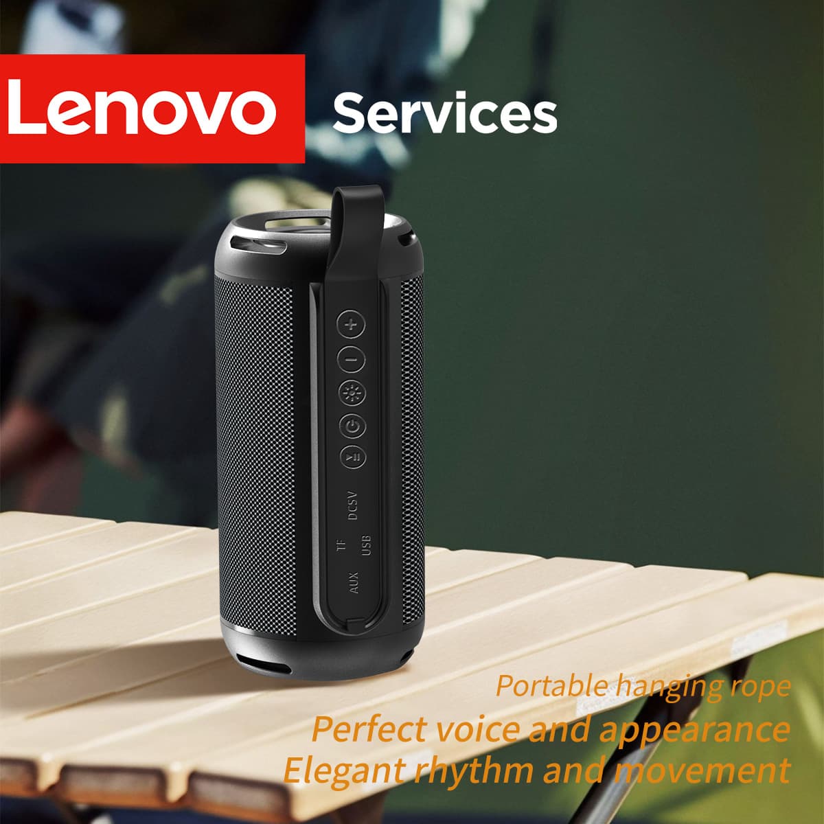 Caixa de Som Bluetooth 5.1 Lenovo D02 com Corda para Pendurar, Som 360° e Subwoofer Potente