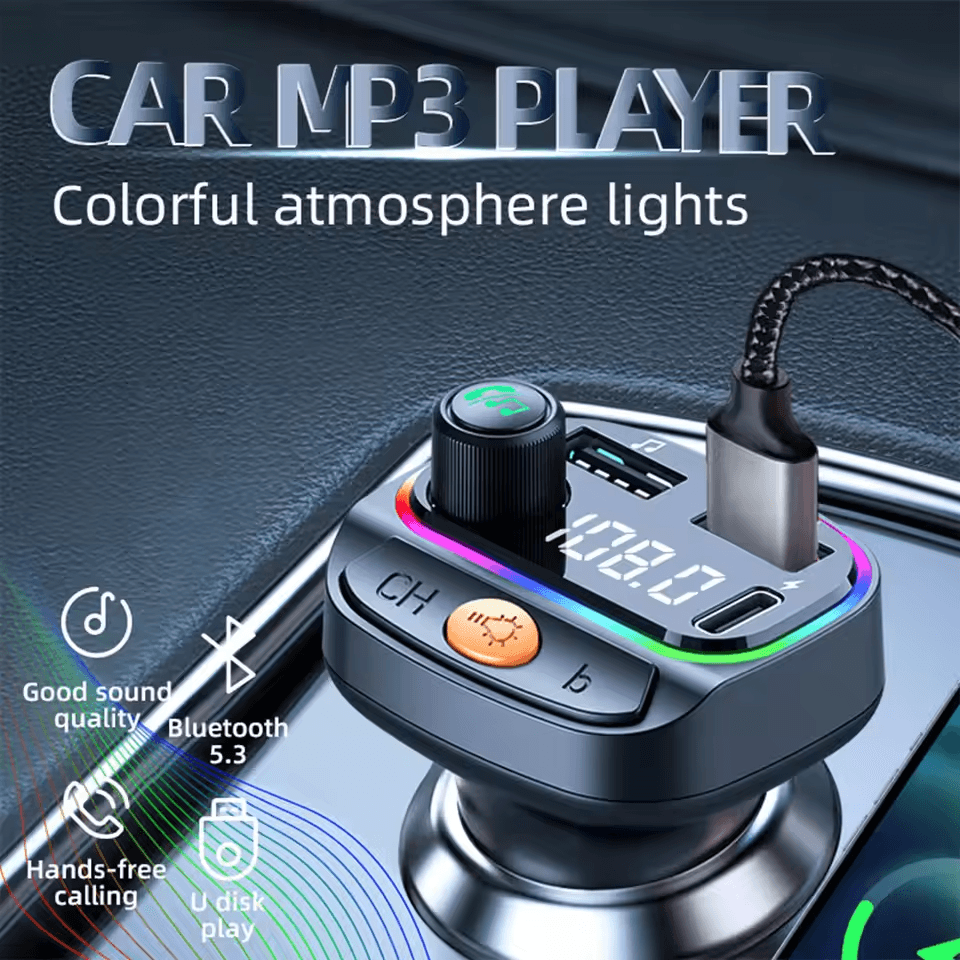 BLUETOOTH 5.3 Transmissor Fm Carregador De Carro Qc3.0 Aux Mp3 Player Viva-Voz