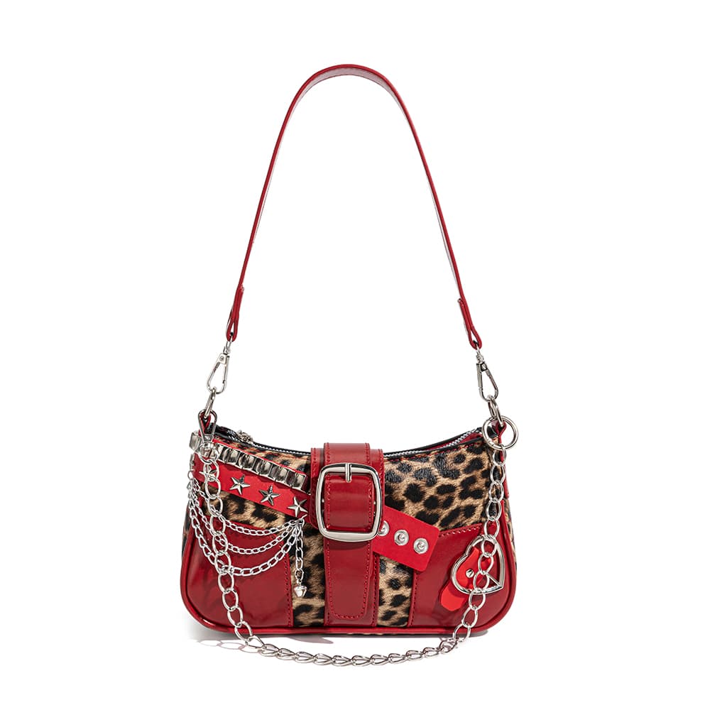 Bolsa tiracolo de couro vermelha vintage Y2K estampa de leopardo, bolsa punk com corrente e rebites, bolsa de mão