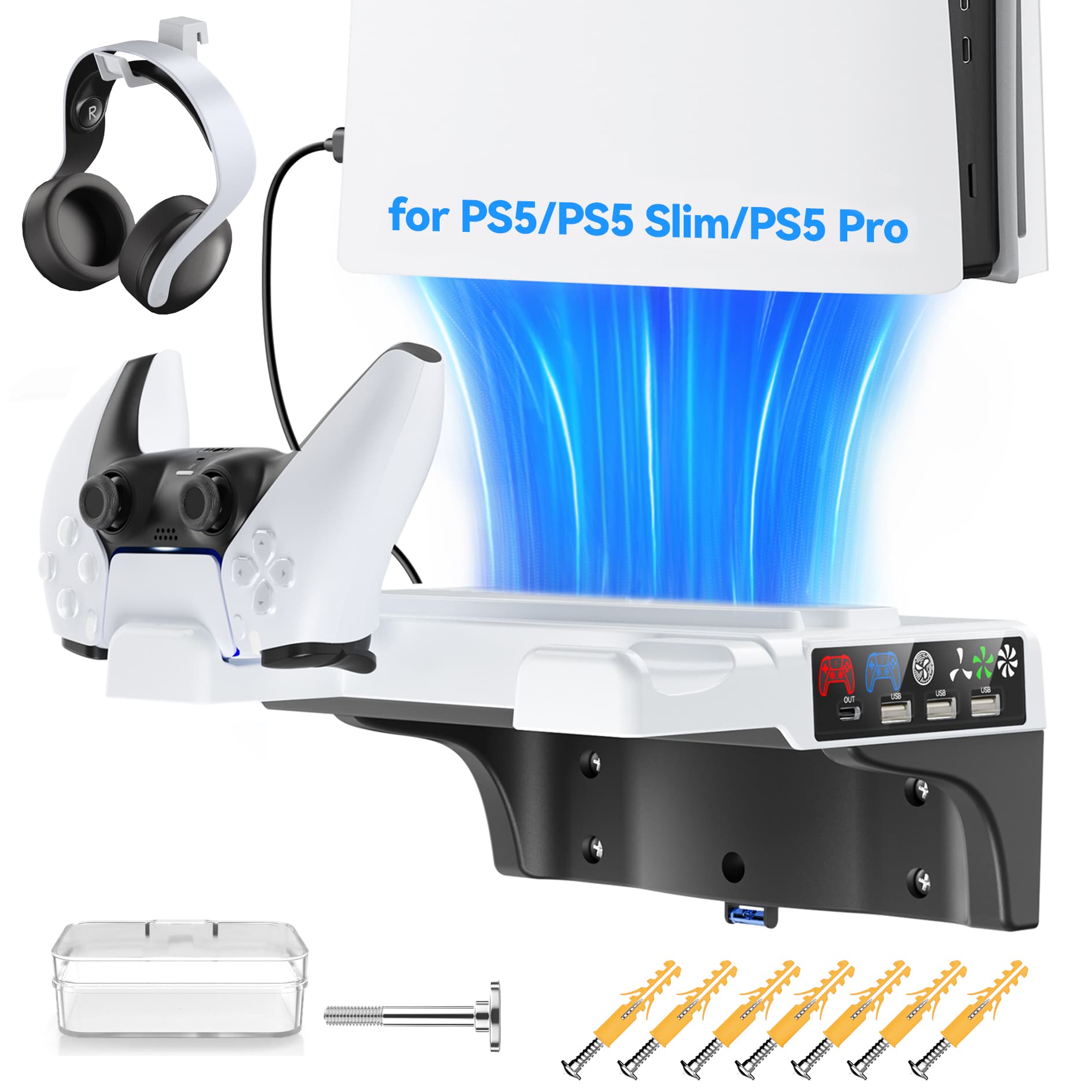 Suporte de Parede para PS5 PRO/PS5 Slim/Console PS5 - Estação de Carregamento Dupla Compatível com Acessórios do