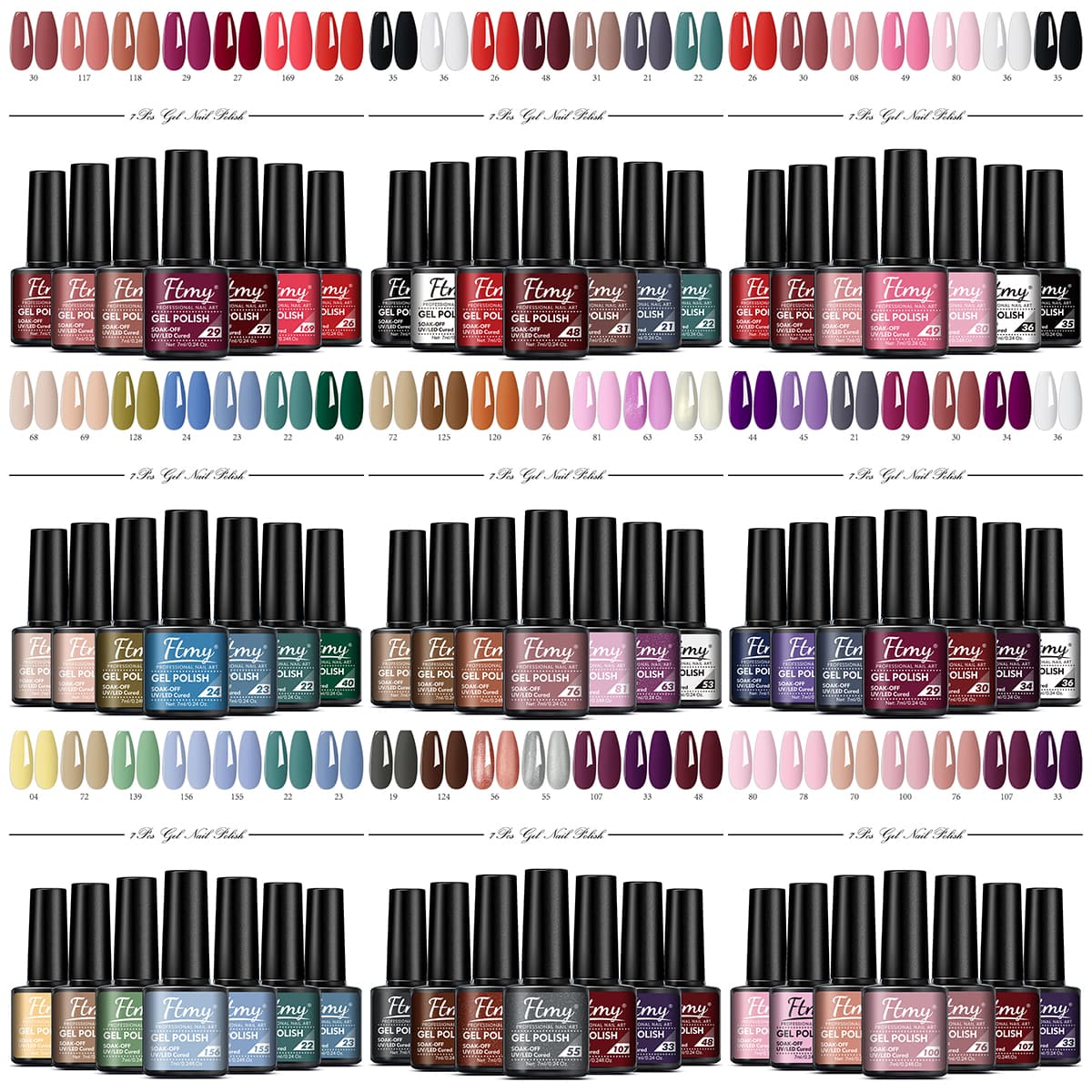 Conjunto de Esmaltes Gel Sólidos FTMY, 7 frascos, 7 ml cada, esmalte de LED removível, esmalte líquido de longa duração,