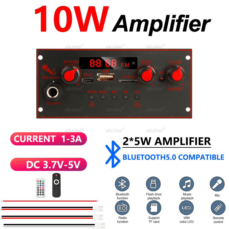 Mini Placa Amplificadora Bluetooth 10W Com Display E Controle Remoto Para Alto-Falante Portátil