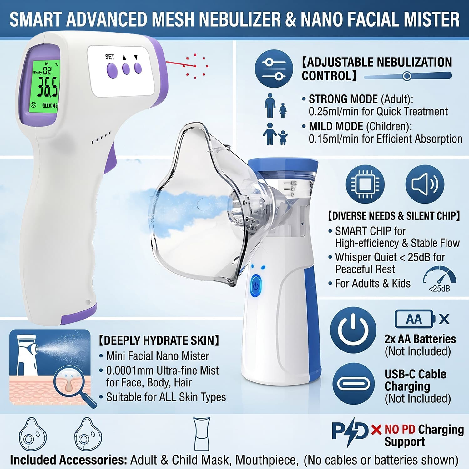Conjunto Combinado De Saúde Infantil E Adulta : Nebulizador De Malha Portátil , Termômetro Infravermelho Digital