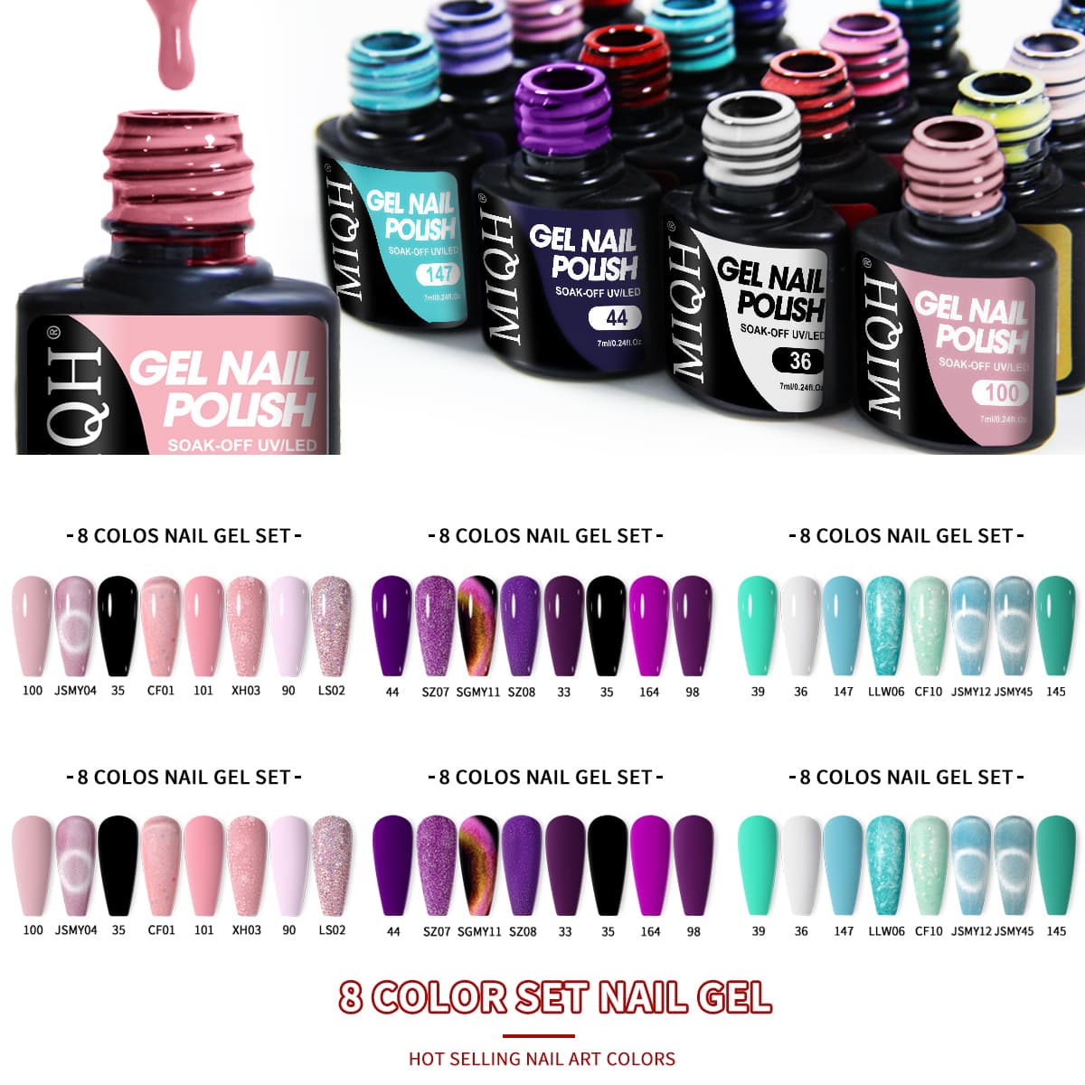 Conjunto de 8 esmaltes de gel de unha de tendência, arte de unhas semipermanente, gel de unha de salão de imersão LED,
