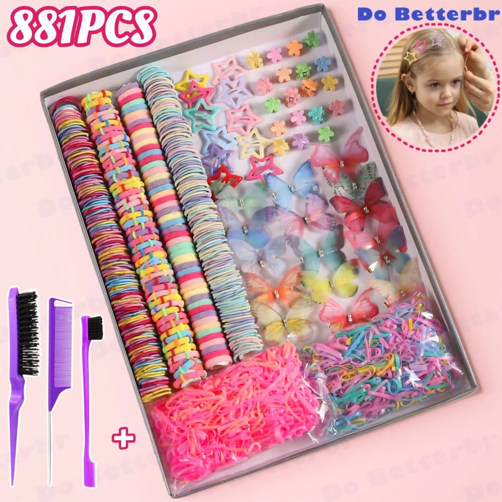 Conjunto De Acessórios Para Cabelo De Meninas , 881 Peças , Laços De , Pente , Caixa De Presente , Faixas De Rabo De Cav