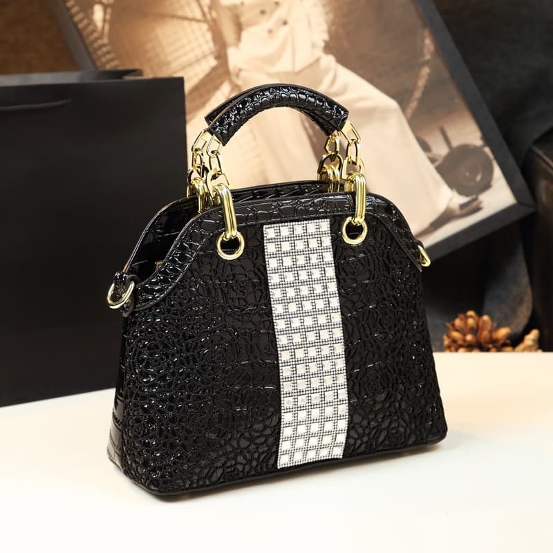 Bolsa de mão para mulheres, estampa de crocodilo, alça superior com strass, bolsa tiracolo preta, elegante bolsa de