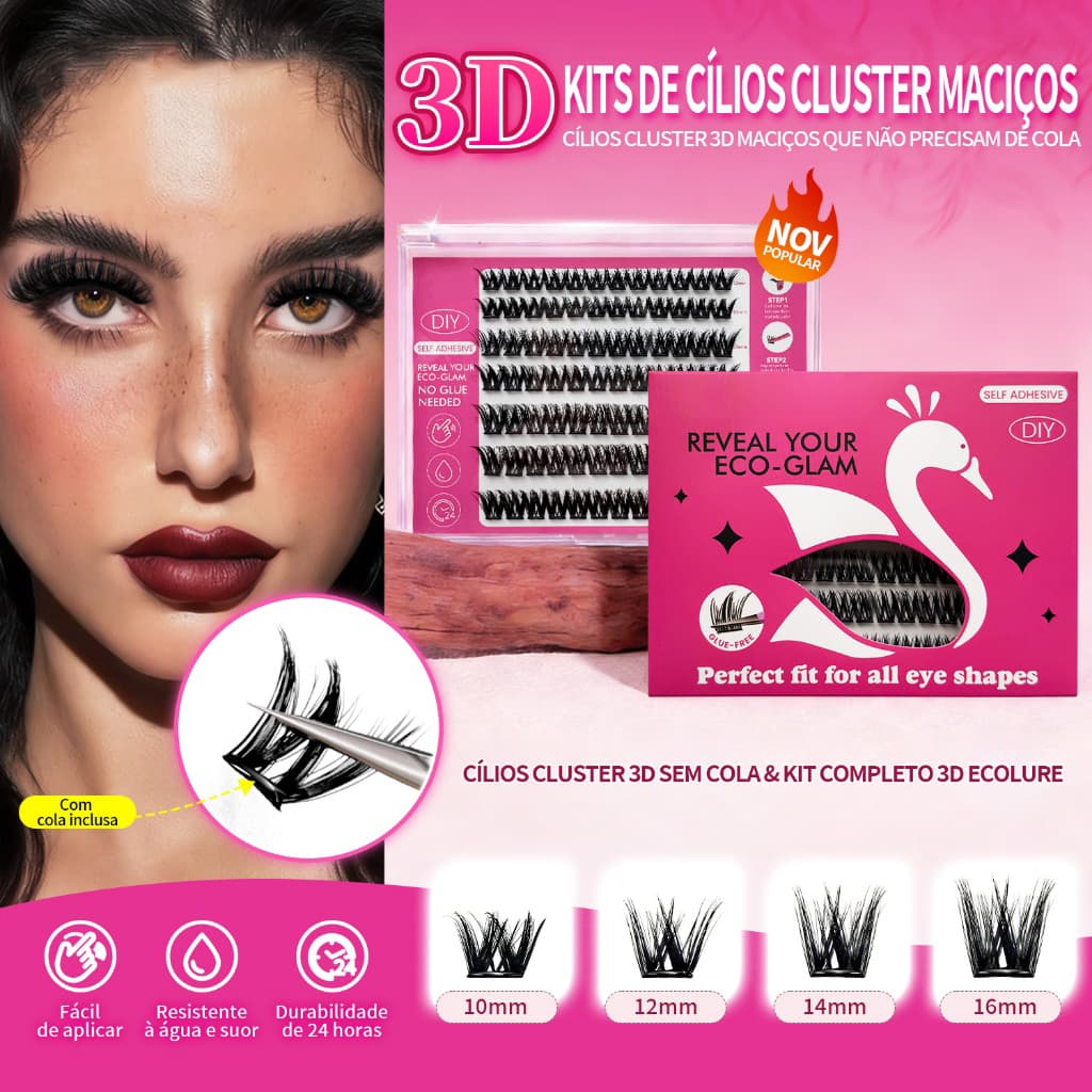 Cílios Postiços Autoadesivos, Estilo Natural 10-16mm, Aplicação em 30 Segundos, Sem Cola, Com Pinça
