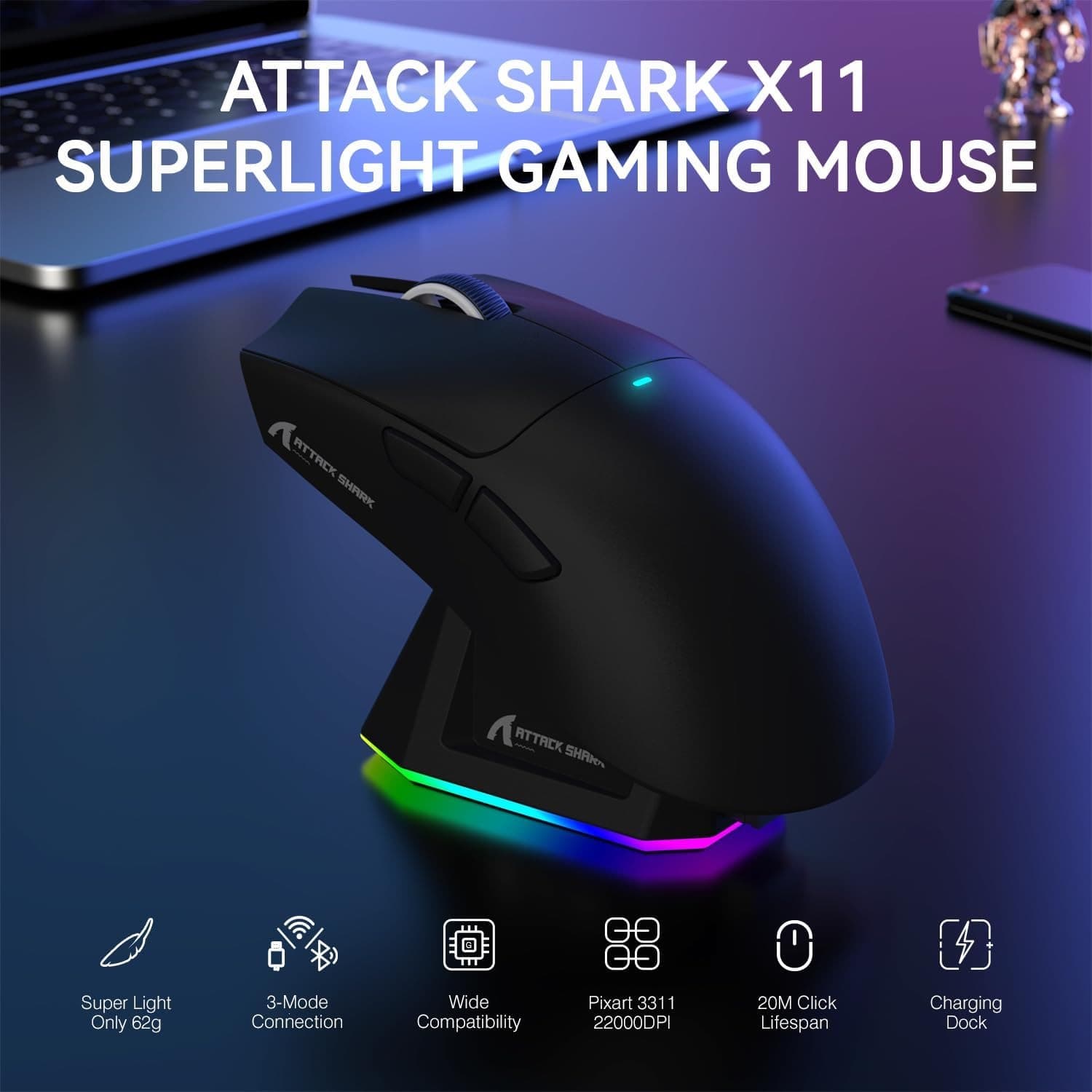 Mouse Gamer Sem Fio Tri-Modo ATTACK SHARK X11 com Sensor PAW3311 Mouse Profissional de E-sports Presente Ideal para