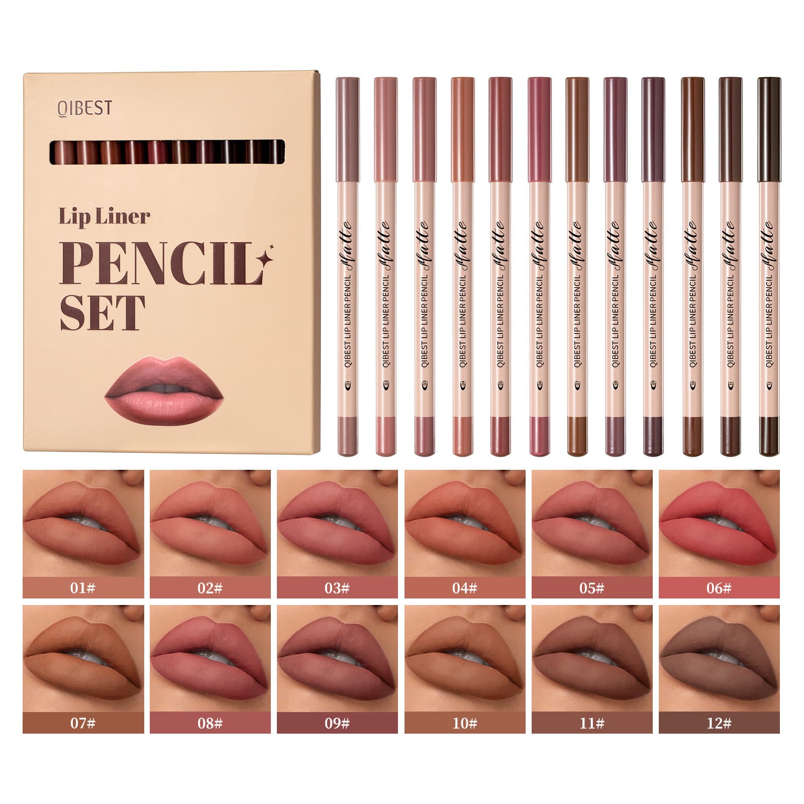 QIBEST Conjunto De Delineador Labial Com Tubo Dourado Fosco De 12 Cores , De Longa Duração E Sem Manchas