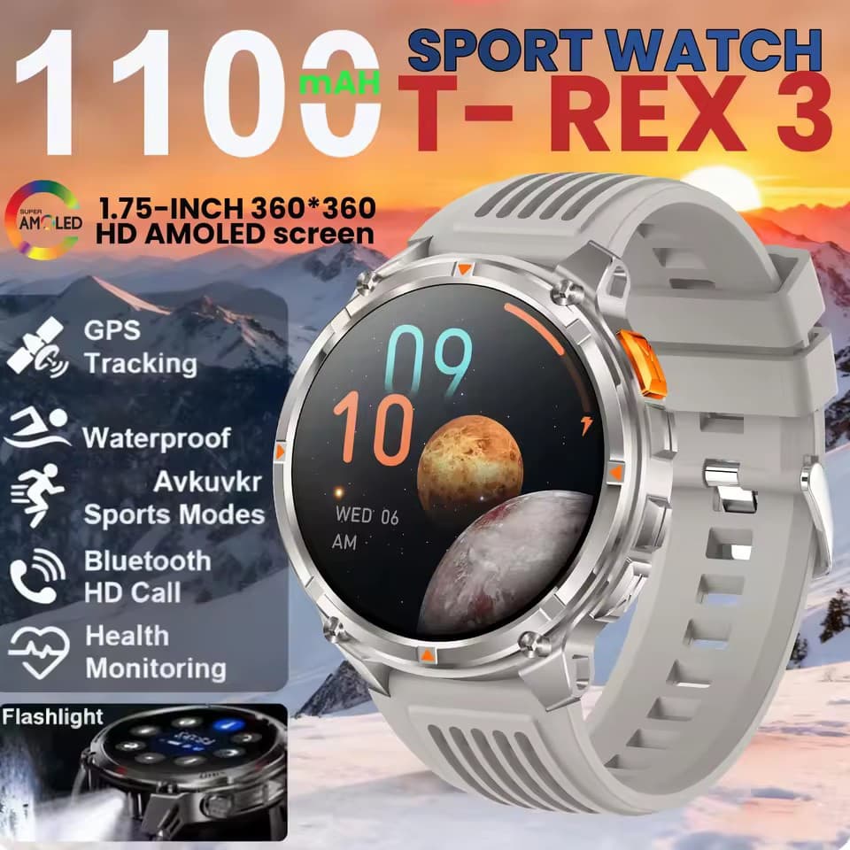 T-REX3 Smartwatch 2026, Bateria 1100mAh, 10ATM à prova d'água, GPS, Chamada Bluetooth, 1,7 AMOLED HD, Sports