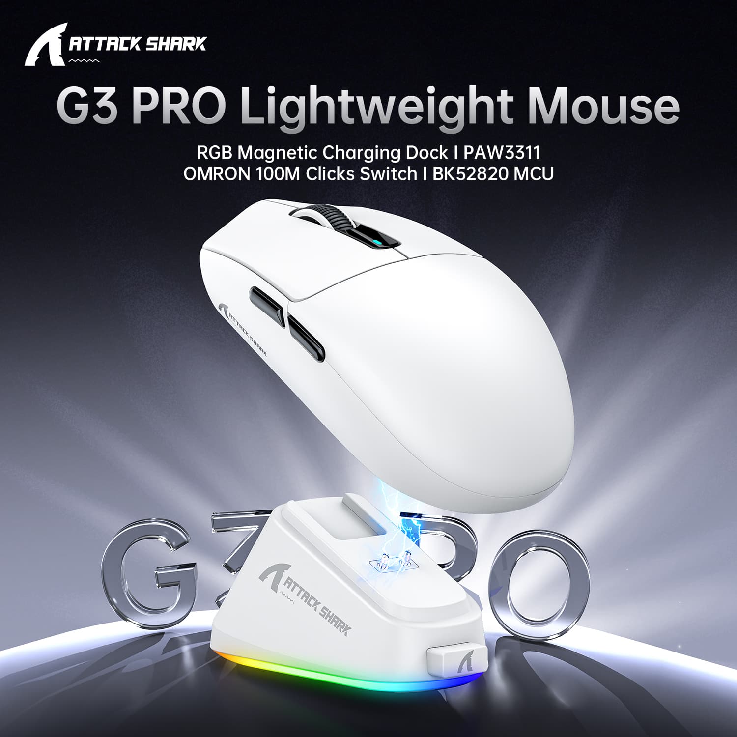 Mouse Gamer Attack Shark G3 PRO Tri-Modo PAW3311 25000DPI Com Fio 2.4G Bluetooth Tipo-C Recarga Mouse Sem Fio Para