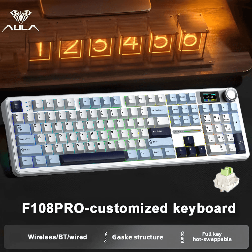 Teclado de Jogos Sem Fio AULA F108 Pro, Teclado Mecânico Completo com Tela e Botões, 2.4G/BT5.0/USB-C, 8000mAh, RGB, Cor