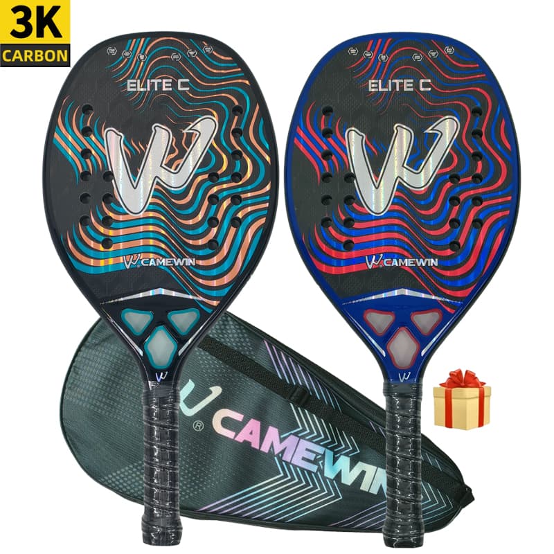 A nova raquete de beach tennis 3k com padrão estereoscópico, superfície áspera e fibra de carbono completa. Acompanha