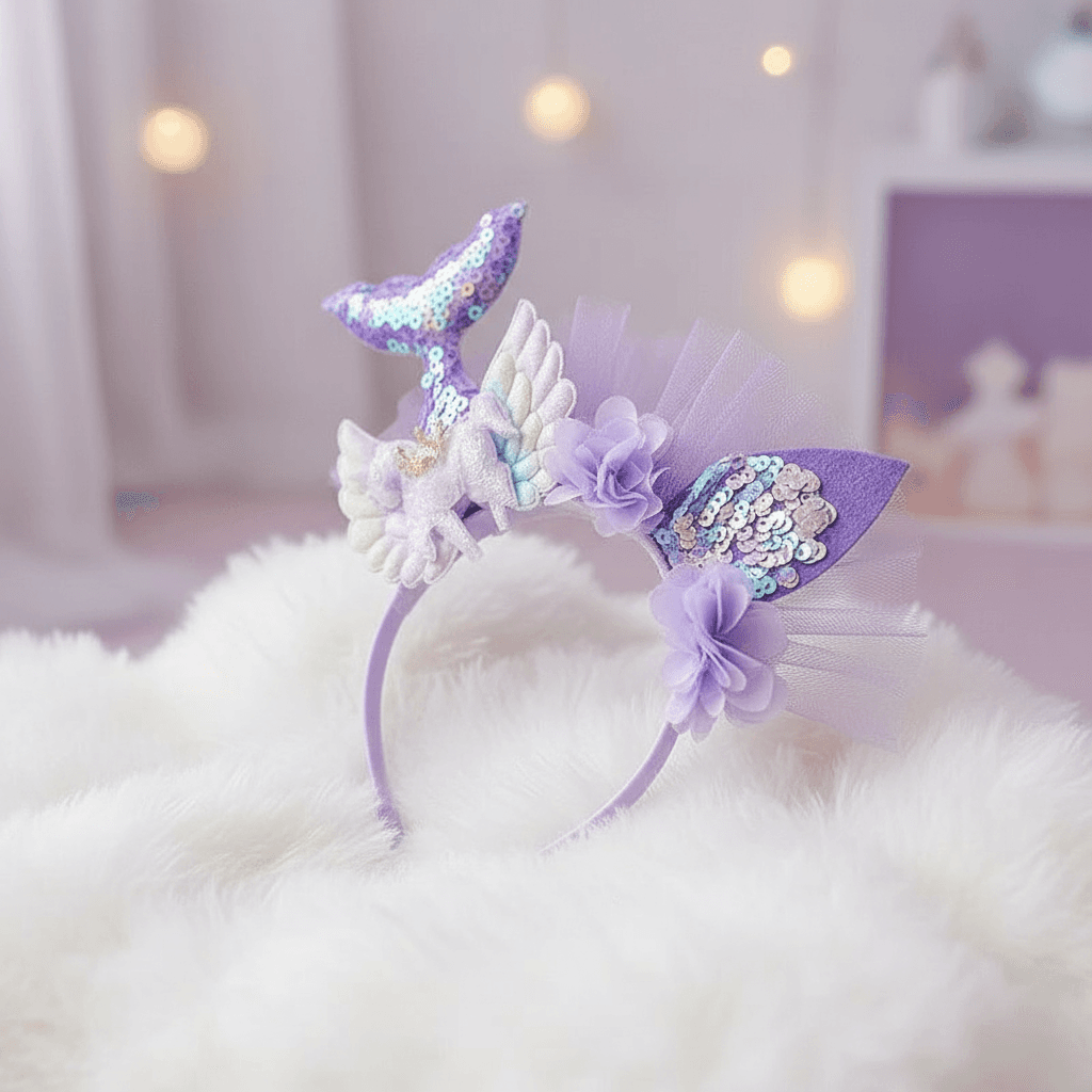 Tiara de Flores em Tule com Cauda de Sereia para Princesinhas, Decoração de Cabelo para Festa de Aniversário