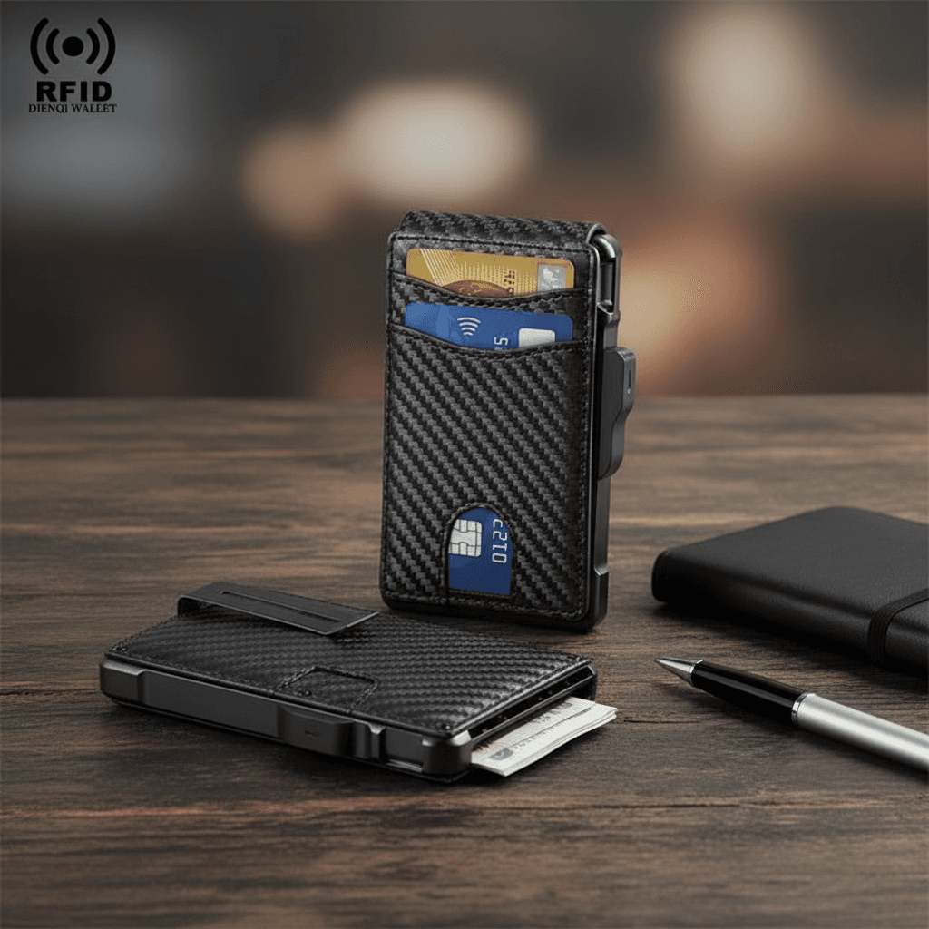 Carteira Masculina RFID Bloqueadora Pop-Up - Suporte de Cartão com Clipe de Dinheiro em Metal Luxo Ultra Fino