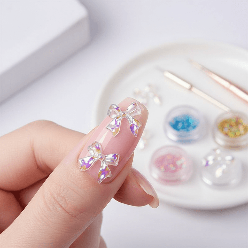 50PCS de encantos de laço para unhas, design fofo de laço aurora 3D para suprimentos de unhas, laço acrílico branco