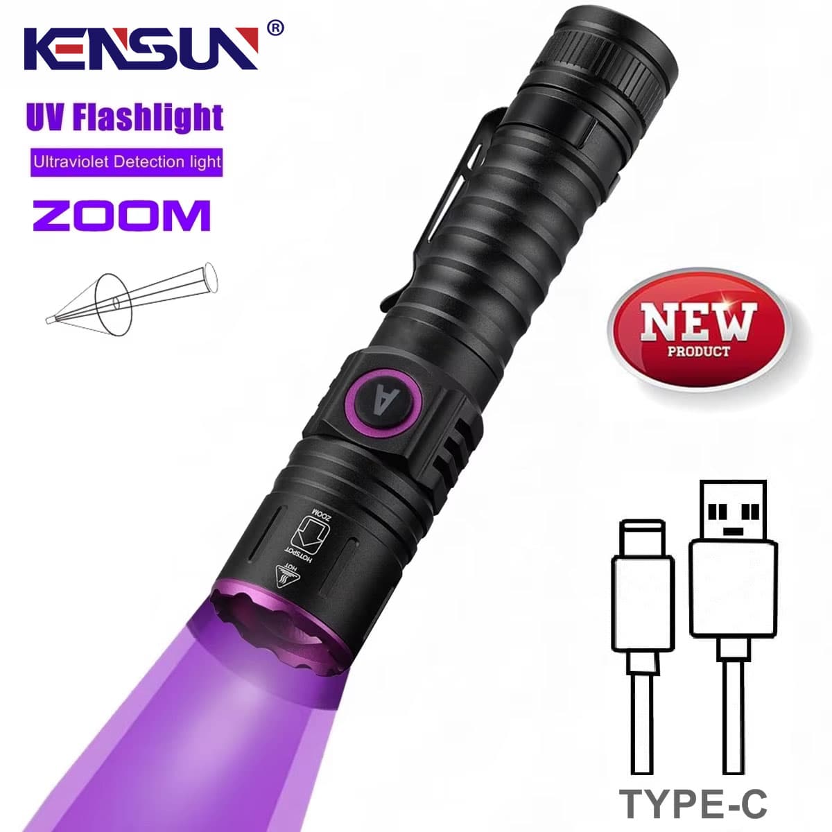 Lanterna UV Alta Potência Espelho Preto Detecção de Luz Roxa Potente 365NM Tipo-C USB Recarregável Lâmpada Ultravioleta