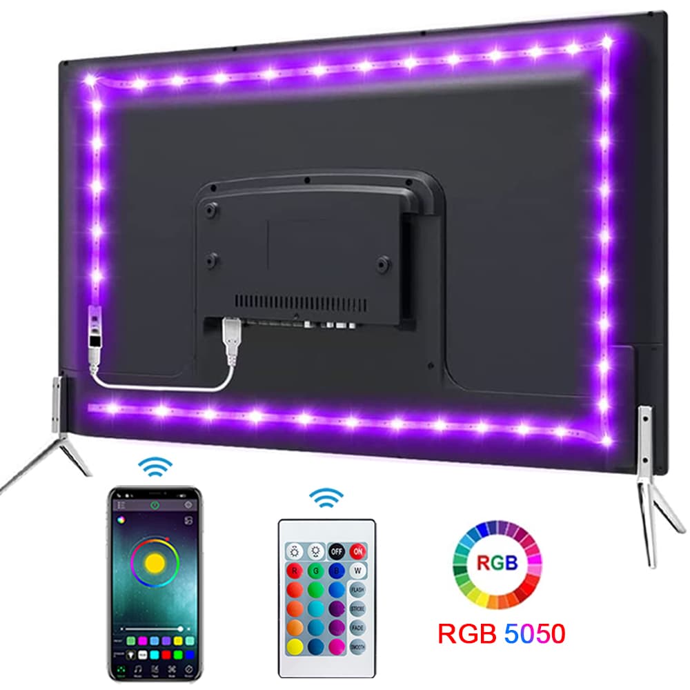 Fita de LED 5050 SMD 5V USB Bluetooth RGB, fita flexível autocolante para TV e mesa