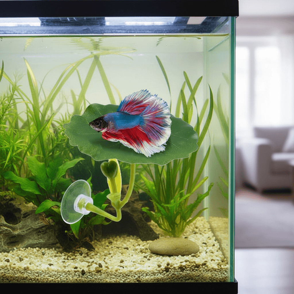 Betta Fish Rede de Descanso com Folha de Lótus Aquário Planta Simulação para Desova Decoração Rede para Dormir