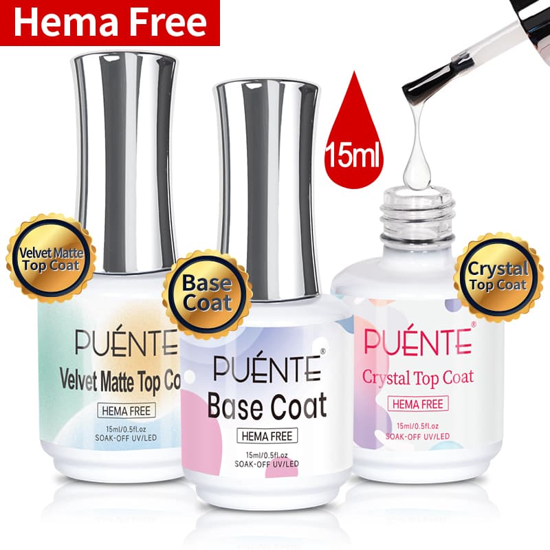 Coleção de Esmaltes em Gel PUENTE 15ml sem Hema, Base Coat, Top Coat Crystal, Top Coat Velvet Matte, Kit Semi-Permanente