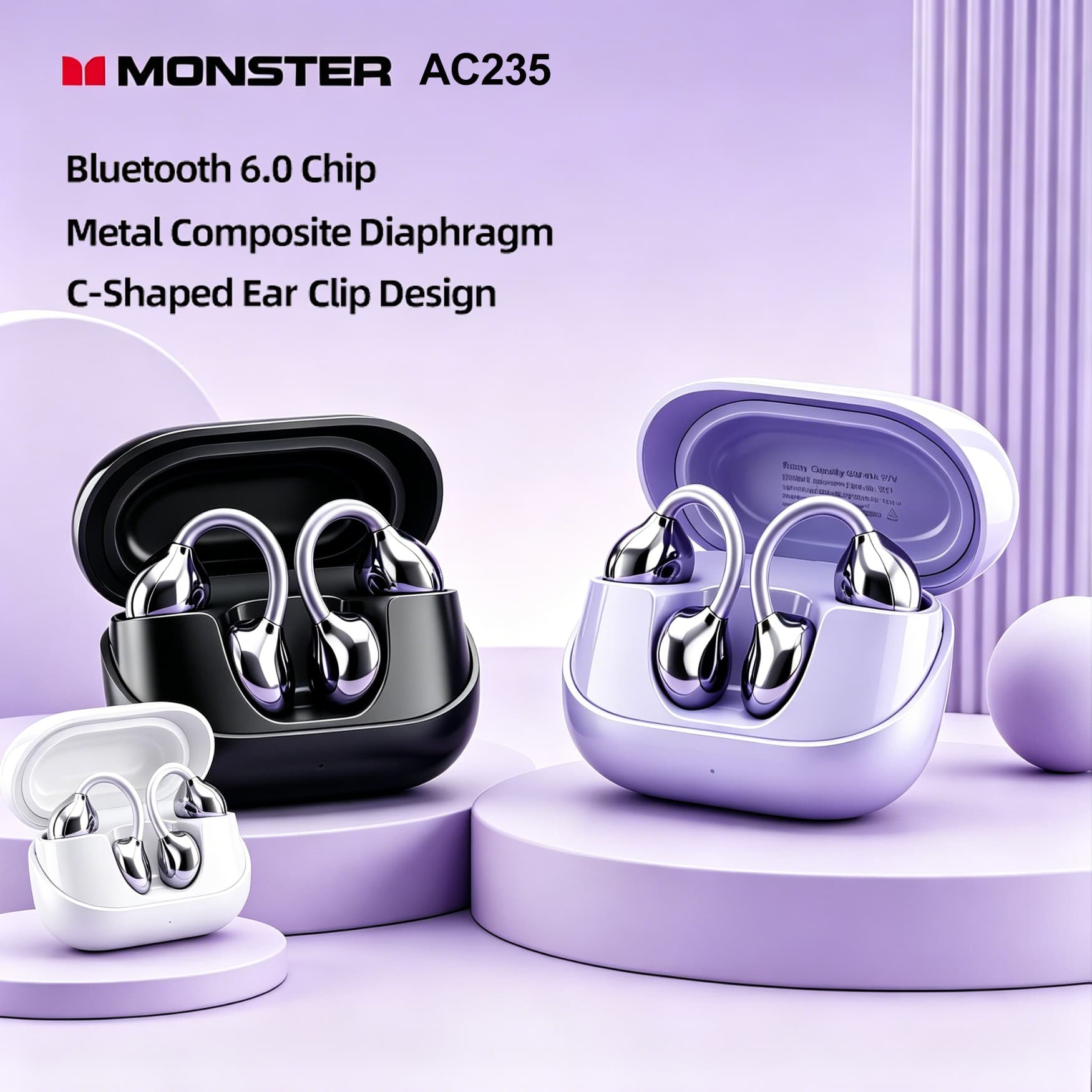 Fones de ouvido Monster AC235 – Fones de ouvido abertos sem fio Bluetooth 6.0, esportivos, clip-on, fones de ouvido,