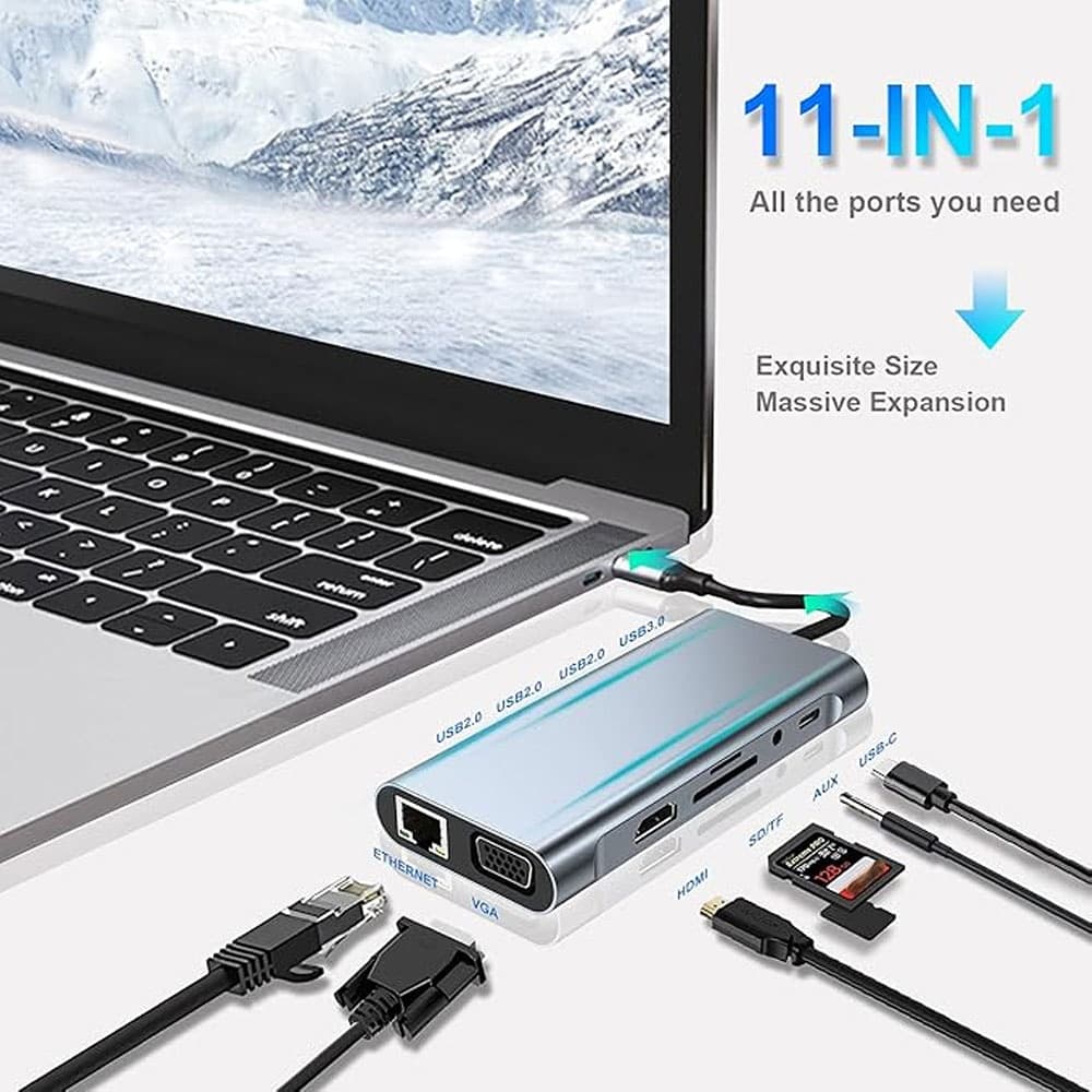 Hub USB C, Adaptador USB C 11 em 1 com Dongle 4K HDMI, VGA, PD Tipo C, USB 3.0, Ethernet RJ45, Leitor de cartão SD/TF,