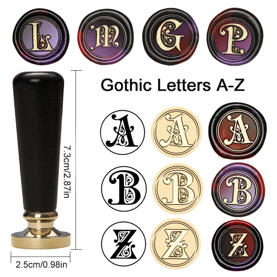 Série Gótica Carimbo de Lacre de Cera, Cabeça de Cobre com Cabo de Madeira Preta, 26 Letras A-Z Disponíveis, para