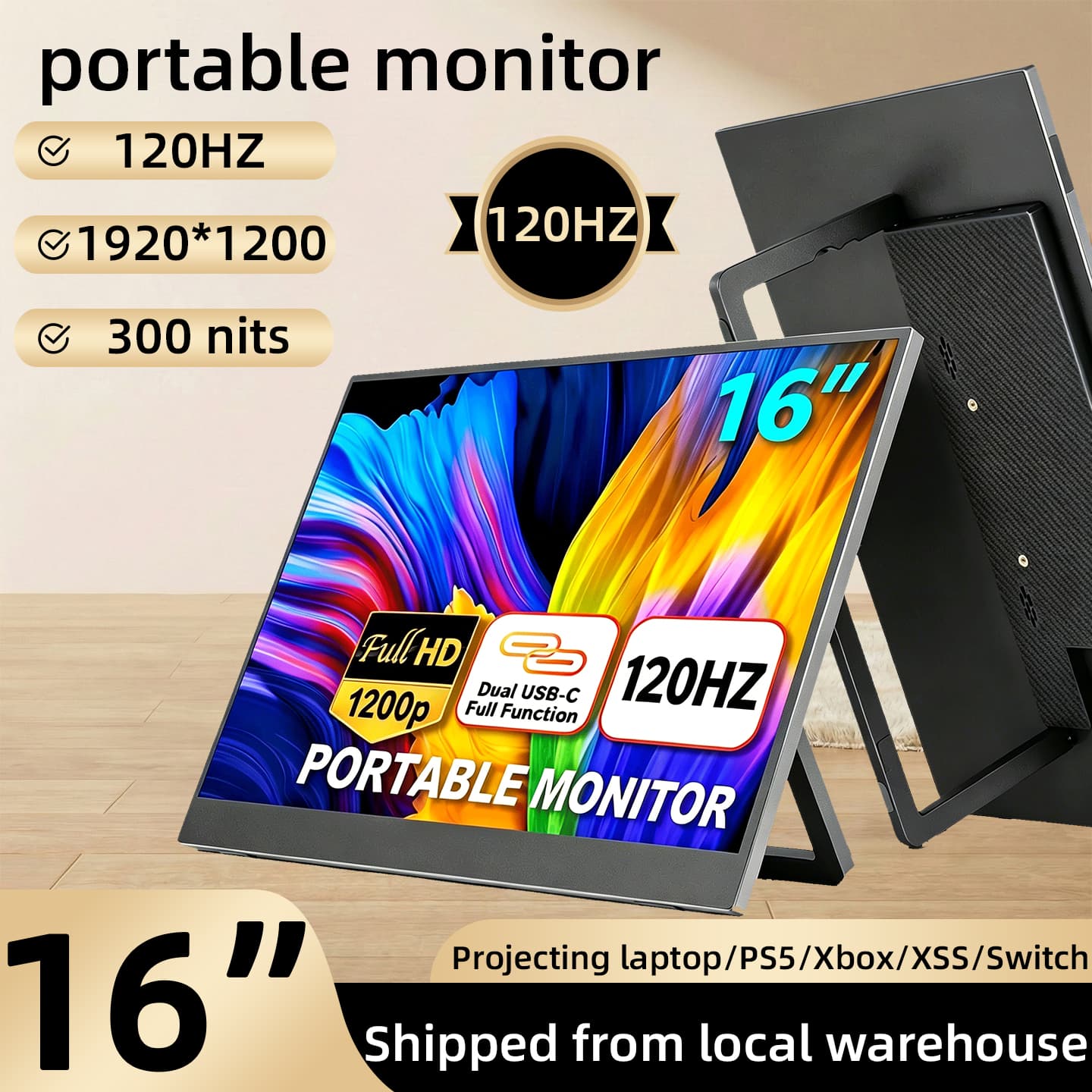 Monitor portátil de 16 polegadas 120Hz 1.5K HD com suporte integrado, furos VESA 75 x 75 mm, compatível com