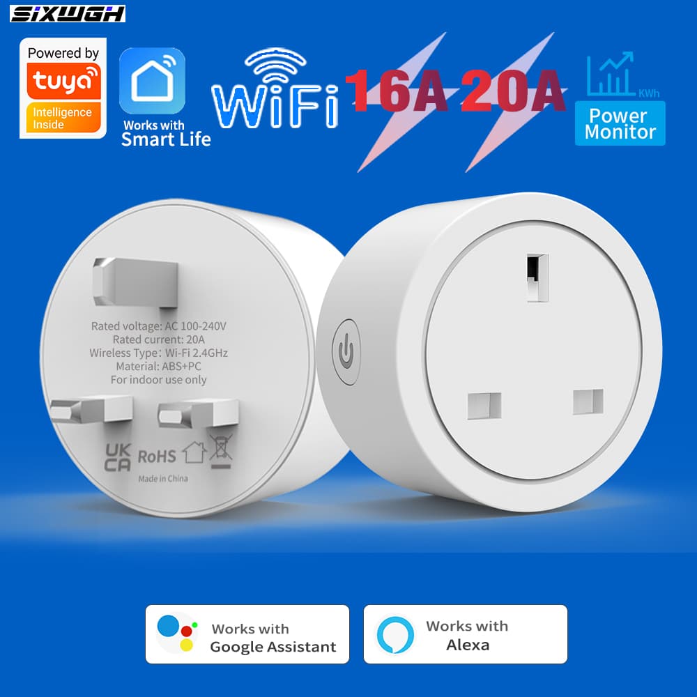 Para Tuya WiFi Tomada Inteligente 20A/16A Reino Unido Plug Com Temporizador De Medição De Energia Controle APP Funciona