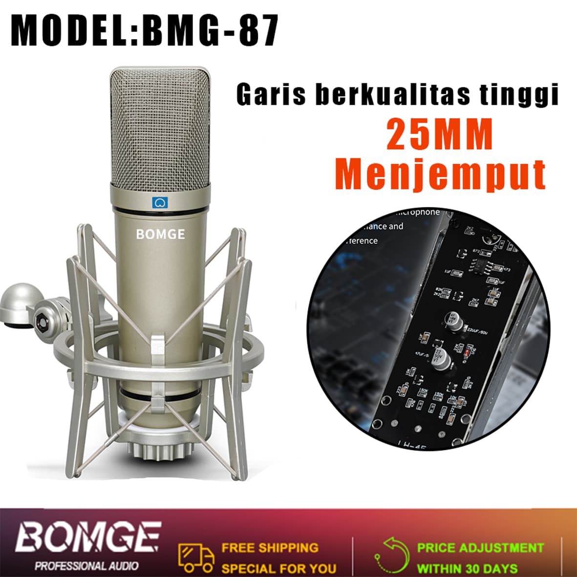 BOMGE microfone condensador, microfone condensador de estúdio profissional, microfone de metal com fio, padrão