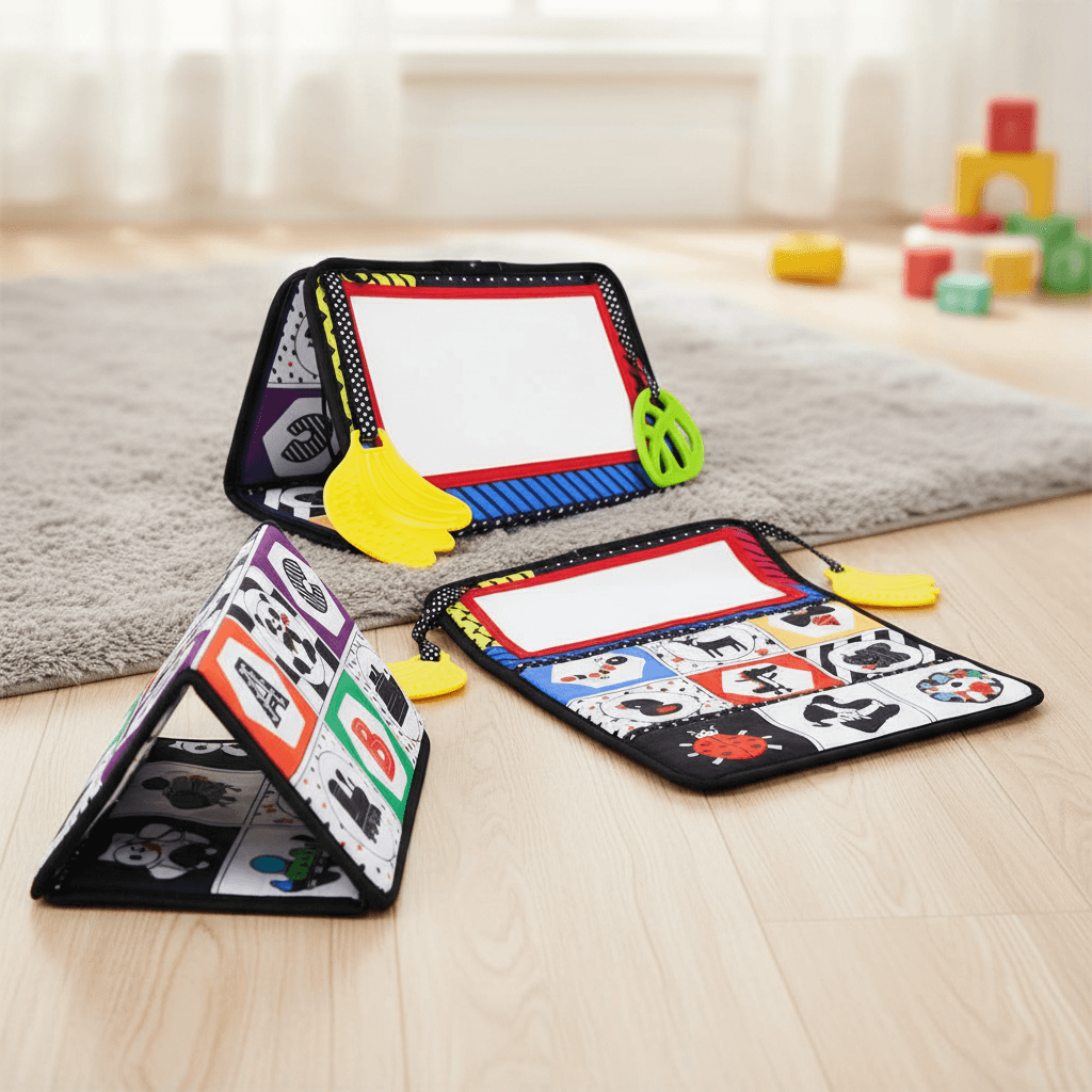 Brinquedo de Espelho de Dupla Face para Tummy Time - Atividade Sensorial de Alto Contraste com Mordedor, Tapete Preto e