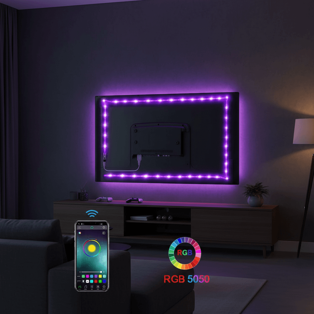 Fita de LED com Bluetooth, faixa RGB, lâmpada flexível, autoadesiva, para TV, mesa, SMD 5050, 5V, luz de fundo, diodo,