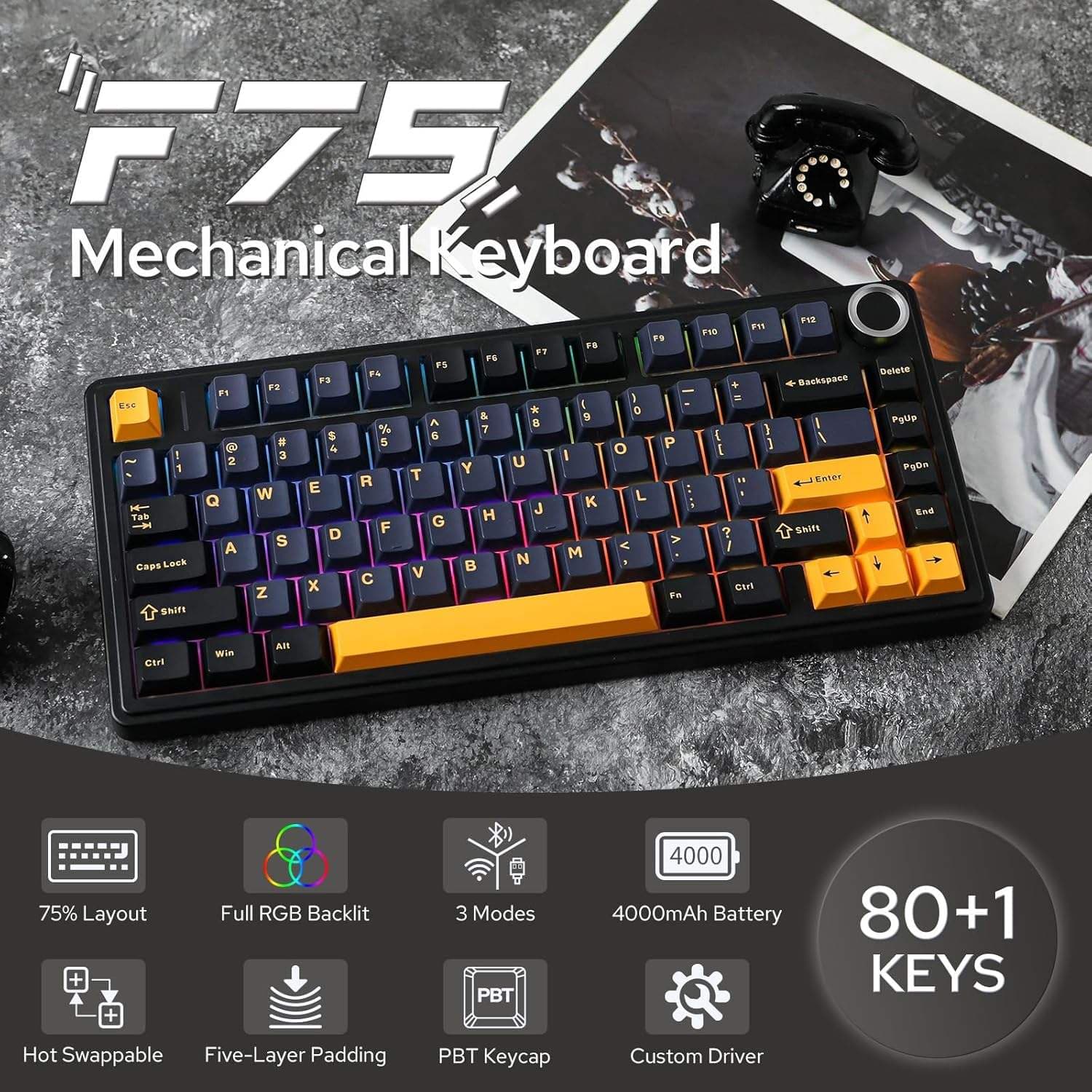 O teclado mecânico AULA F75 possui três métodos de conexão: sem fio 2.4G/Bluetooth/com fio, método de conexão para