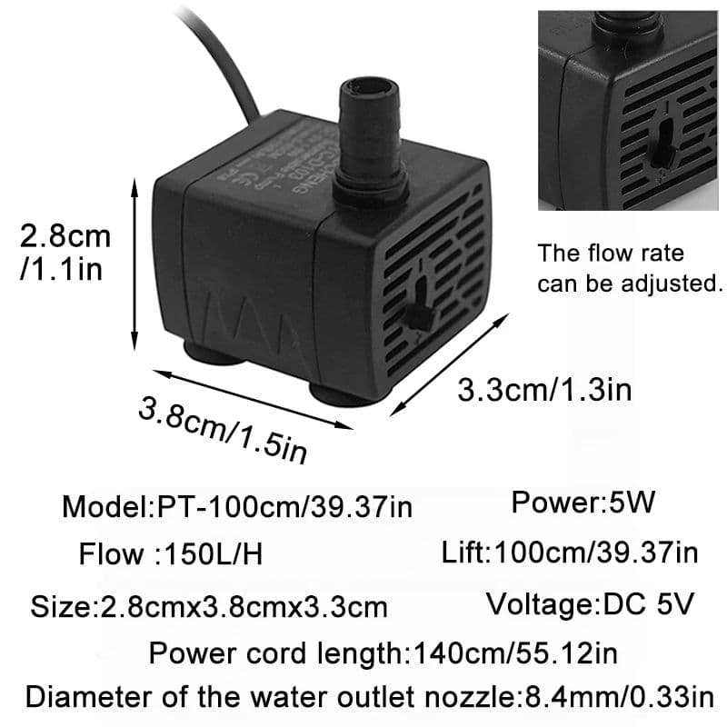 Fluxo Ajustável Da Mini Bomba Submersível 150L/H Do Usb De Cinco Watts Para A Fonte Aquário