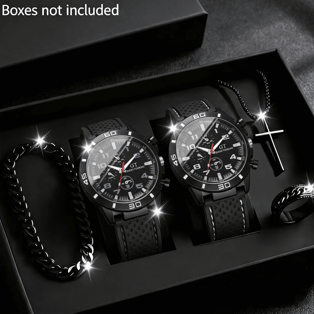 Conjunto De Joias De Relógio Masculino , 5 Peças , 2 Pulseiras De Borracha , Relógios De Quartzo , Colar Cruzado , Pulse