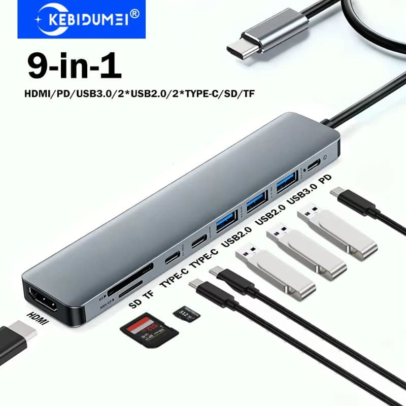 KEBIDUMEI Hub USB 9 em 1 Tipo C Estação de acoplamento USB 3.0 Hubs 5Gbps Transmissão Tipo-C para adaptador HDMI 4K