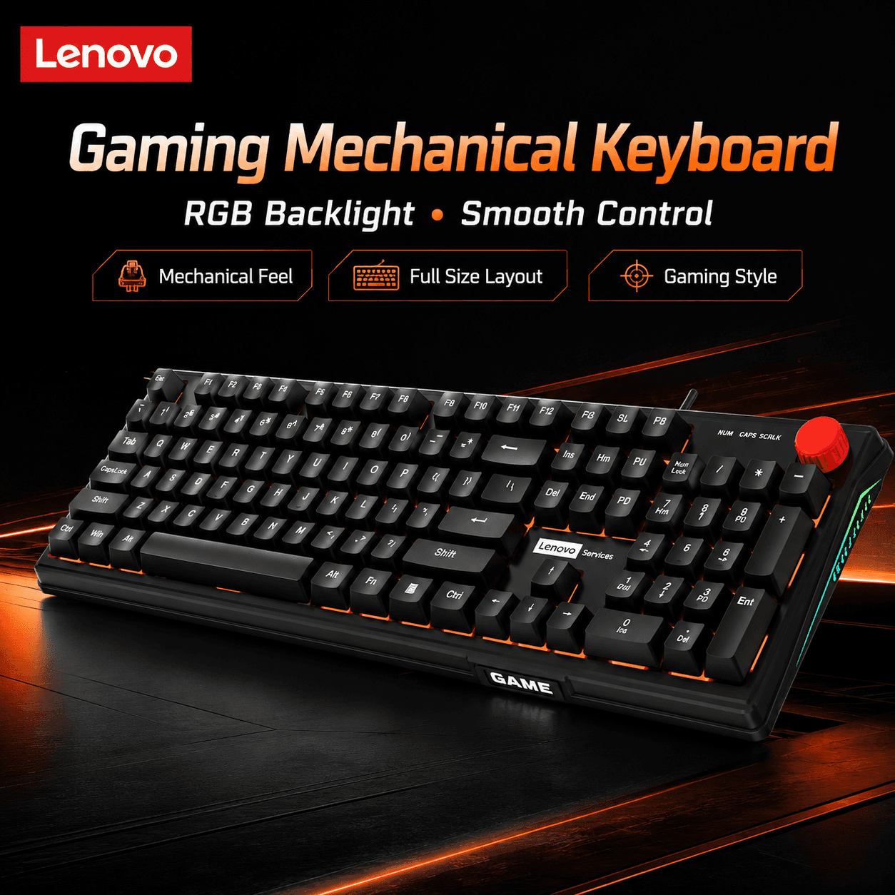 Teclado Gamer Lenovo com RGB, tamanho completo, teclado mecânico com fio e botão de controle para PC, laptop, gamer e