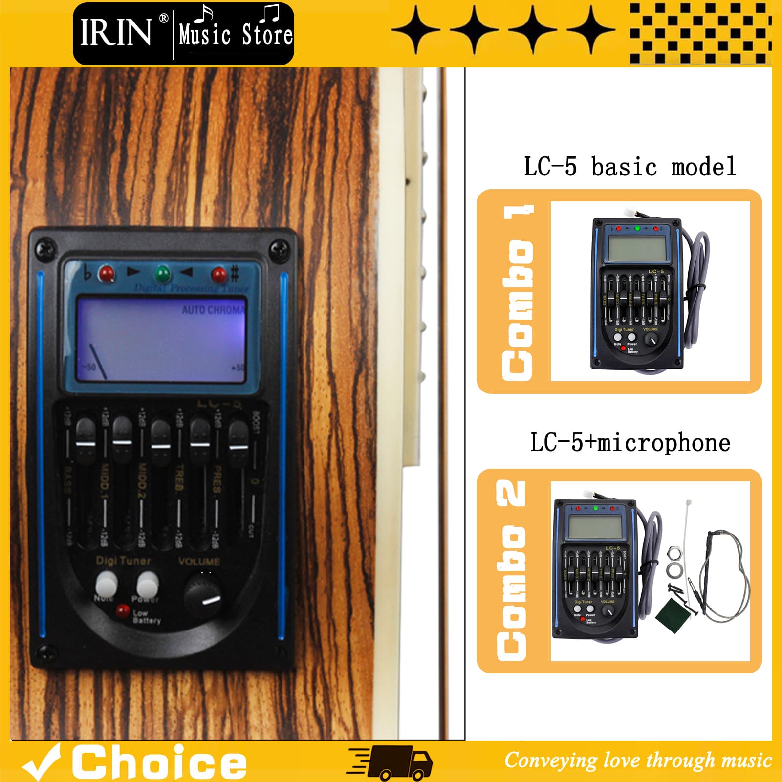 Captador de guitarra, pré-amplificador/equalizador de 5 bandas para violão clássico, com controles de volume, médios,