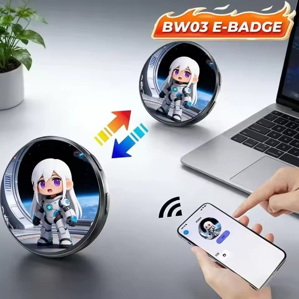Para Ebadge, peça eletrônica para pendurar em bar, foto e vídeo, com super longa duração de bateria e transmissão