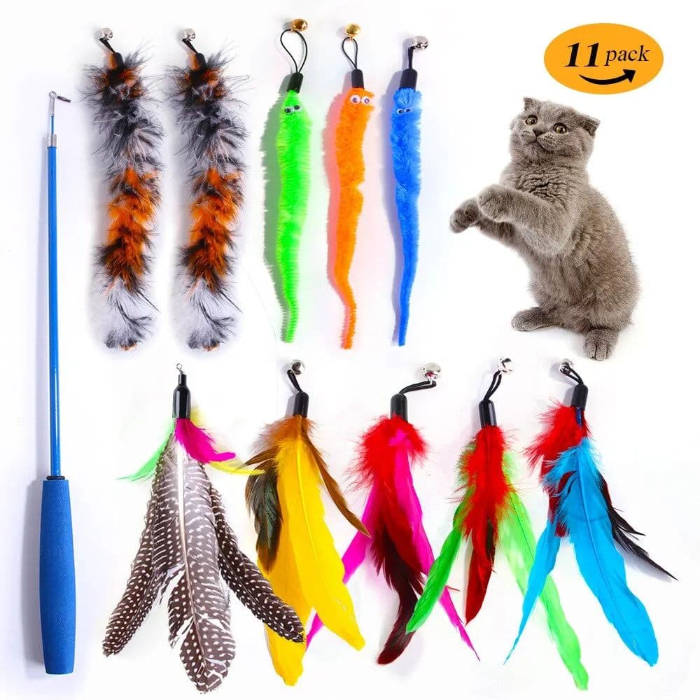 Varinha de provocação de gato brinquedo de pelúcia cabeça de substituição de penas haste retrátil gato