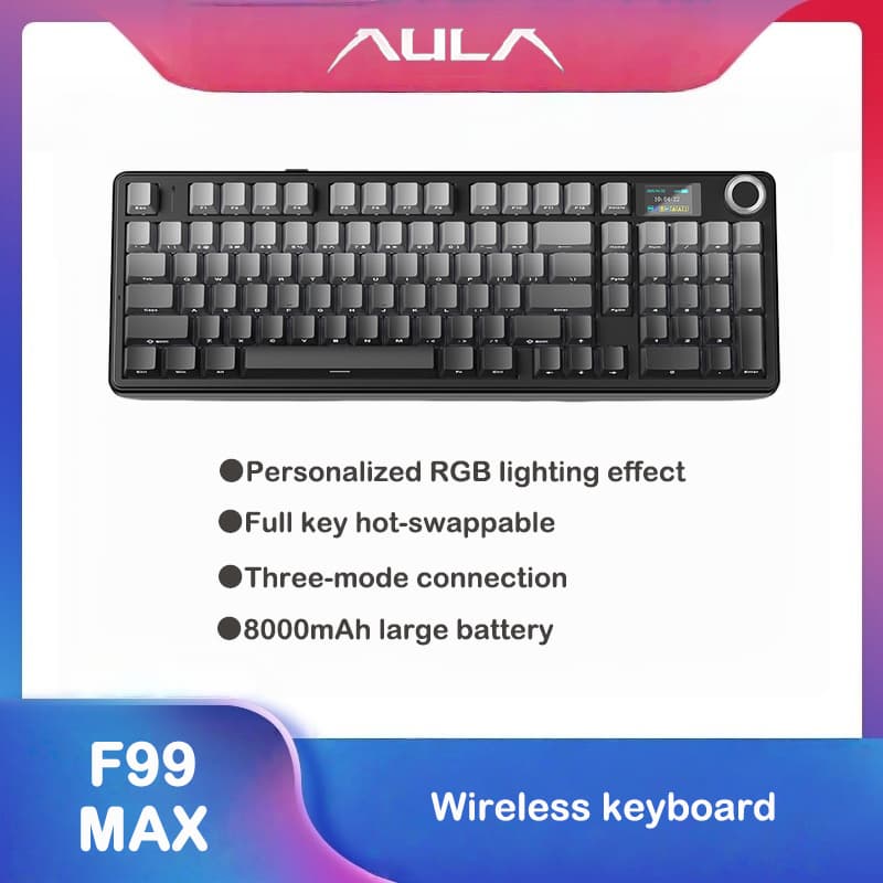 Teclado Mecânico Gamer Tri-Mode AULA F99 MAX Sem Fio Bluetooth com Troca a Quente, RGB, Ergonômico com Teclado Numérico,