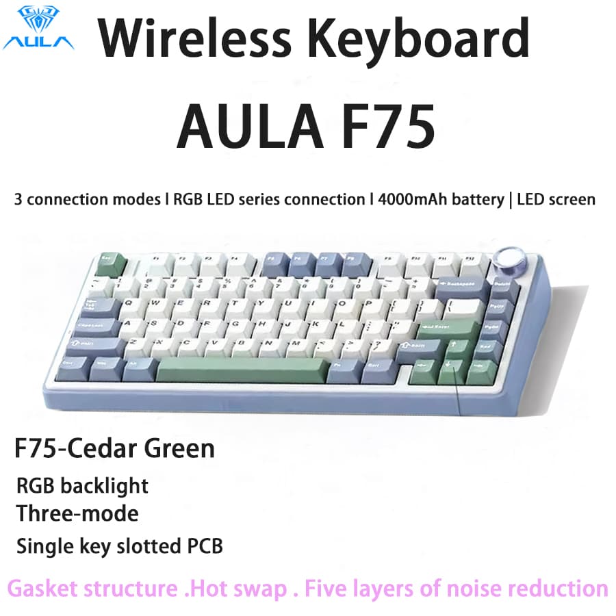 Teclado de Jogos AULA F75 Teclado Mecânico Bluetooth Sem Fio RGB Knob