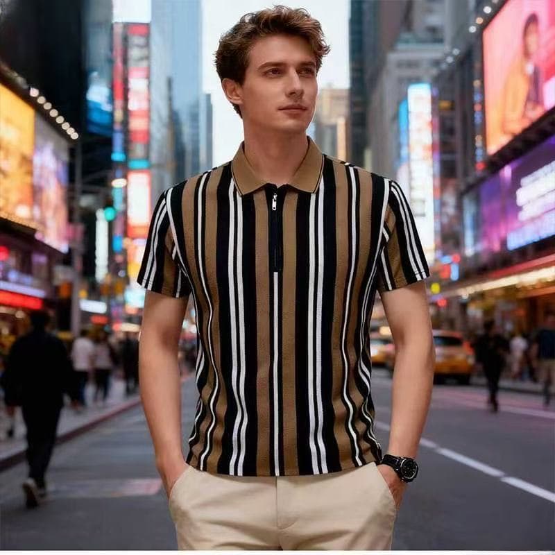 Camisa polo masculina retrô com listras e zíper 1/4, malha respirável plus size para golfe, camiseta casual de negócios
