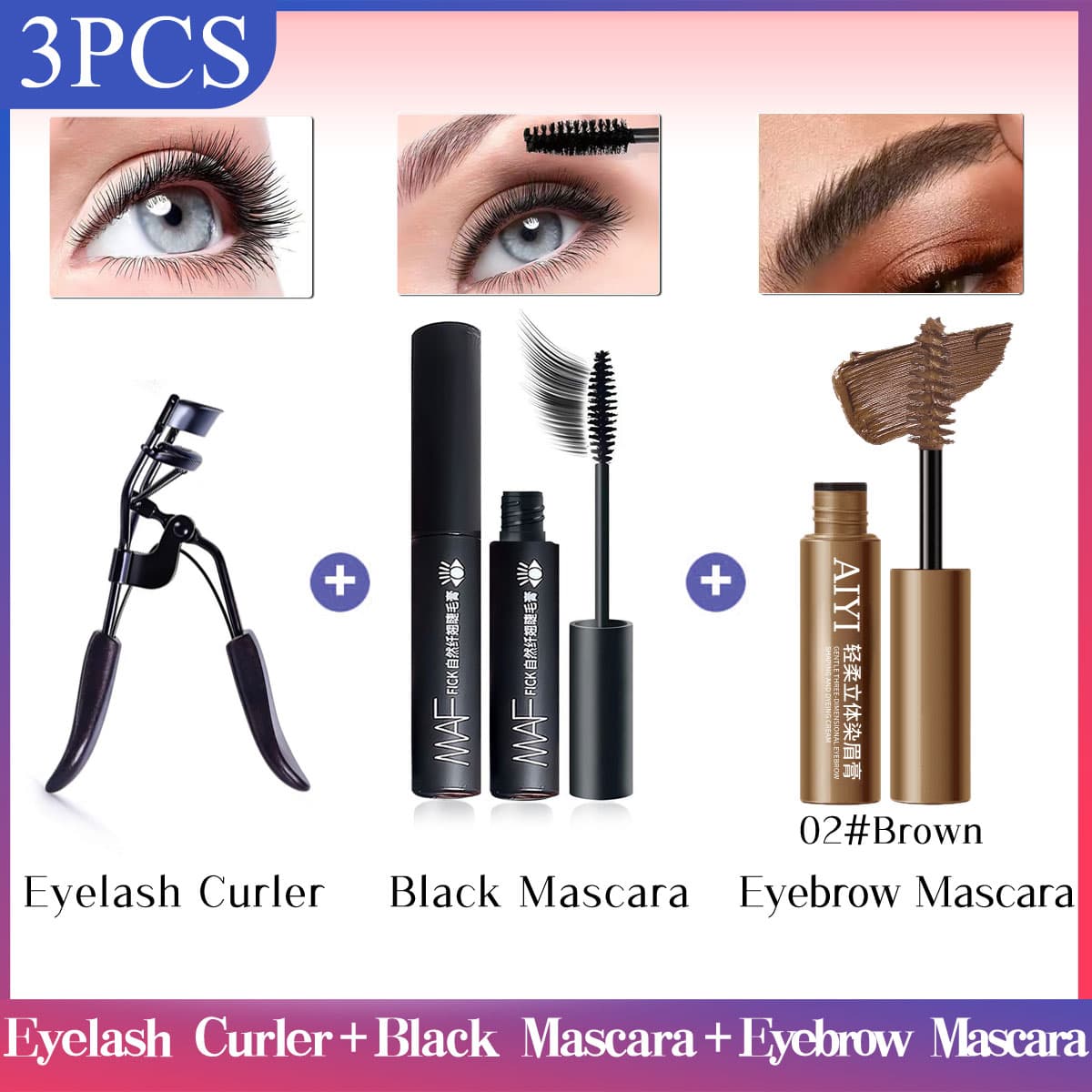 Conjunto coordenado de rímel, curvex de cílios e tintura para sobrancelhas. Atualização para uma maquiagem facial
