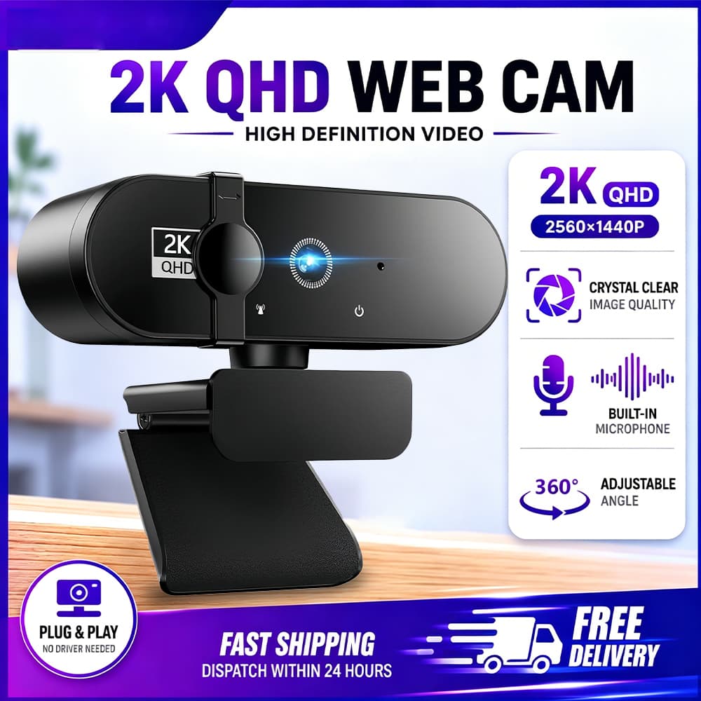 Câmera Web JCL 2K com Microfones, Tampa de Privacidade e Correção Automática de Luz, Plug & Play USB para PC/Laptop,