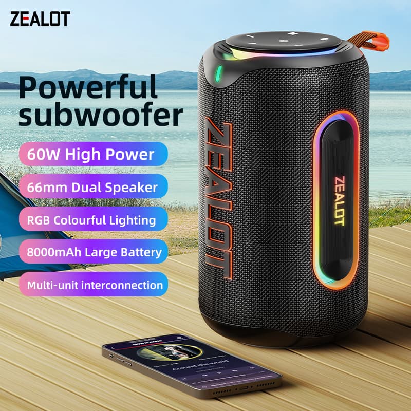 Caixa de Som Bluetooth ZEALOT MP1 60W Portátil Sem Fio com Bateria 8000mAh | IPX6 À Prova d'Água para Graves ao Ar Livre