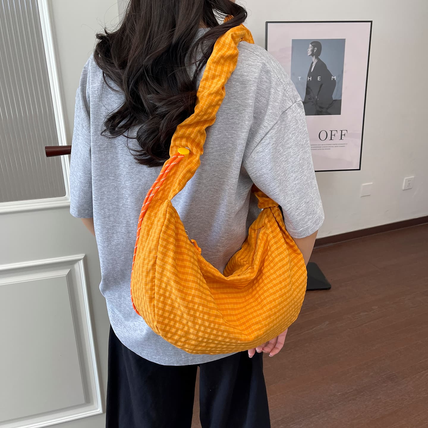 Bolsa Tiracolo Feminina Xadrez Nylon, Bolsa Tiracolo Casual com Alça Franzida, Bolsa de Ombro de Grande Capacidade para