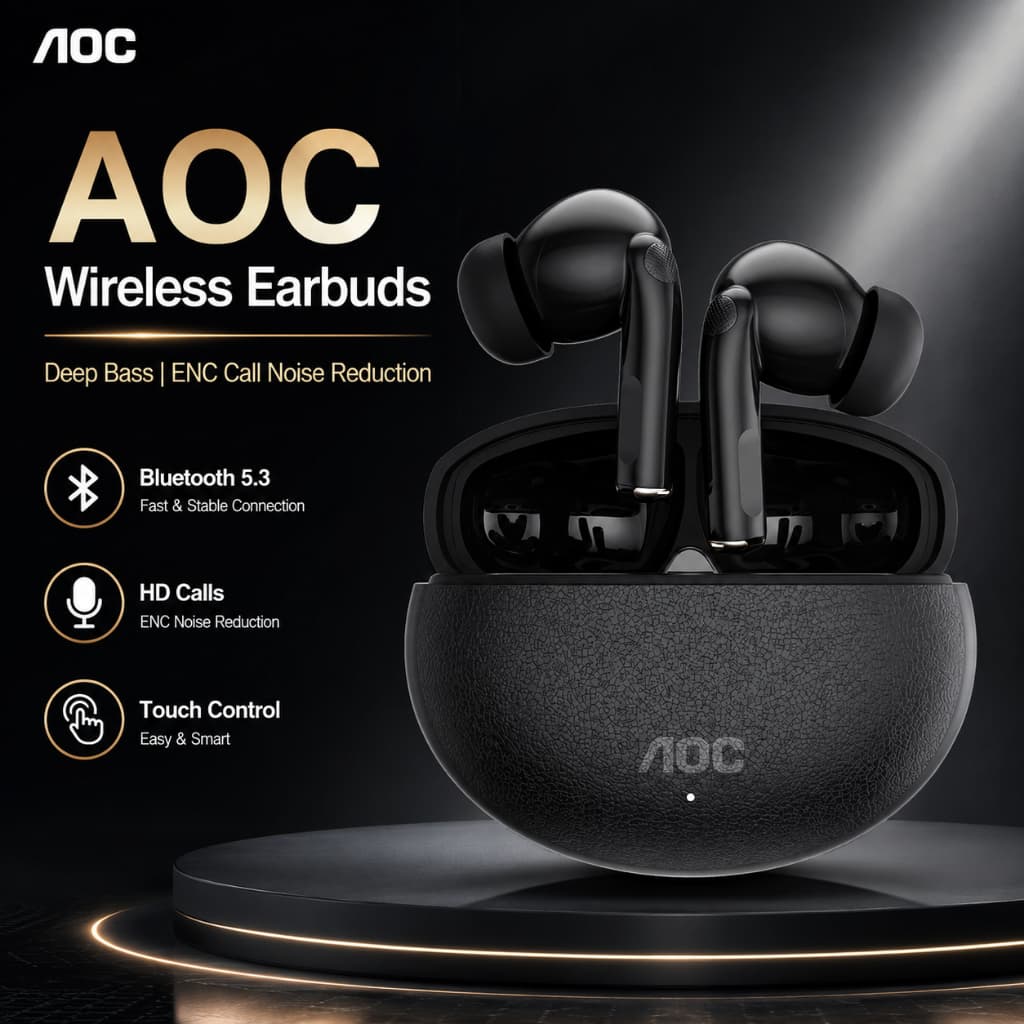 Fones De Ouvido AOC Sem Fio Bluetooth 5.3 Intra-Auriculares Poderosos Graves Profundos ENC Cancelamento De Ruído Control