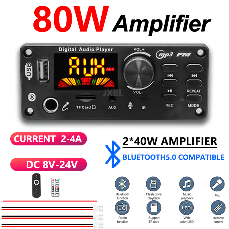 Amplificador Bluetooth MP3 WMA WAV 80W 12V Chamada Handsfree USB TF FM Áudio Do Carro Leitor De Música Alto-Falante Cont
